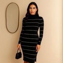 Vestido Femino Midi Tricot Listrado Manga Longa Gola Cacharrel