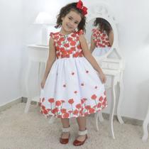 Vestido festa Infantil branco floral com rosas vermelhas