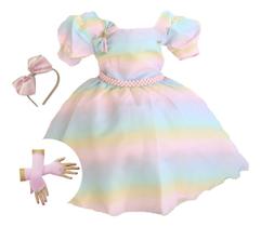 Vestido Festa Infantil Colorido Candy Unicórnio Luva E Tiara Vestido Festa Infantil Colorido Candy Unicórnio Luva E Tiara