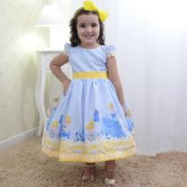 Vestido festa infantil da Cinderela azul com detalhes amarelo