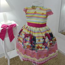 Vestido festa infantil dos trolls com laço superluxo