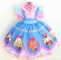Vestido Festa Infantil Fazendinha Safari Rosa Luxo e Tiara
