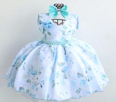 Vestido Festa Infantil Floral Azul Cinto Perola Luxo E Tiara Vestido Festa Infantil Floral Azul Cinto Perola Luxo E Tiara
