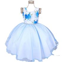 Vestido Festa Infantil Florido Azul Menina Moda Aniversario Florido - Baby's