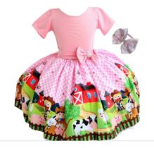 Vestido Festa Infantil Meninas Fazendinha Luxo Tiara Animais