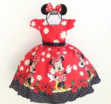 Vestido Festa Infantil Minnie Vermelha Flor E Tiara Orelha Vestido Festa Infantil Minnie Vermelha Flor E Tiara Orelha