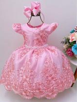 Vestido festa infantil realeza rosa renda princesa luxo