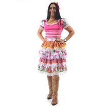 Vestido Festa Junina Adulta Caipira Flores com Babados e Renda Vestido Festa Junina Adulta Caipira Flores com Babados e Renda