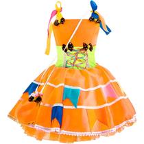 Vestido Festa Junina Adulto Antônia Laranja de Luxo de Luxo Feminino Com Bolsinha