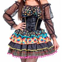 Vestido Festa Junina Adulto de Luxo Com Saia Armada Preto Xadrez Vestido Festa Junina Adulto de Luxo Com Saia Armada Preto Xadrez