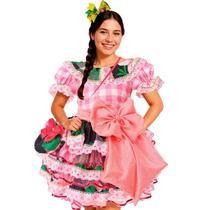 Vestido Festa Junina Adulto Feminino de Luxo Super Rodado Com Bolsa Preto e Rosa
