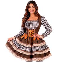 Vestido Festa Junina Adulto Feminino Xadrez Manga Longa de Luxo Ajustável