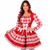 Vestido Festa Junina Adulto Feminino Xadrez Manga Longa de Luxo Ajustável