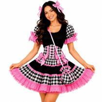 Vestido Festa Junina Adulto Feminino Xadrez Preto e Rosa de Luxo Vestido Festa Junina Adulto Feminino Xadrez Preto e Rosa de Luxo