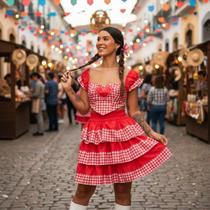 Vestido Festa Junina Adulto Xadrez Quadrilha Luxo Premium