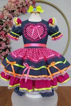 Vestido Festa Junina Infantil Azul Marinho Rosa Coração Junino Caipira Quadrilha Babados Sinhá Luxo Vestido Festa Junina Infantil Azul Marinho Rosa Coração Junino Caipira Quadrilha Babados Sinhá Luxo