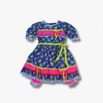 Vestido Festa Junina Infantil Floral Azul e Rosa Tamanho 14