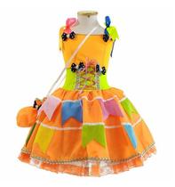 Vestido Festa Junina Infantil Laranja com Bandeirinhas e Bolsa