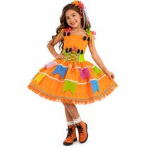 Vestido Festa Junina Infantil Laranja com Bandeirinhas e Bolsa Vestido Festa Junina Infantil Laranja com Bandeirinhas e Bolsa
