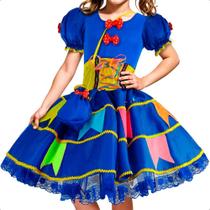 Vestido Festa Junina Infantil Luxo Azul Royal Com Bandeirinhas e Bolsa