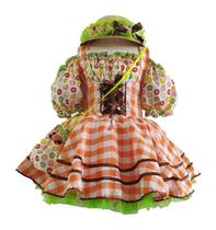 Vestido Festa Junina Infantil Luxo Jardineira Com Chapéu e Bolsa