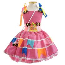 Vestido Festa Junina Infantil Luxo Rosa Com Bandeirinhas e Bolsa