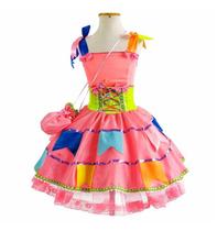 Vestido Festa Junina Infantil Luxo Rosa Neon Com Bandeirinhas e Bolsa
