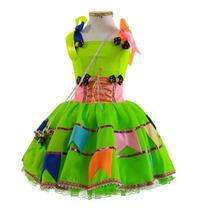 Vestido Festa Junina Infantil Luxo Verde Neon Com Bandeirinhas e Bolsa