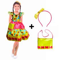 Vestido Festa Junina Infantil Menina Girassol Com Bolsa + Tiara