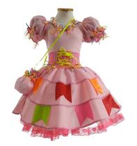 Vestido Festa Junina Infantil Rosa Bandeirinhas de Luxo com Bolsa