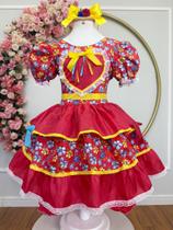 Vestido Festa Junina Infantil Vermelho Coração Junino Flores Caipira Quadrilha Sinhá São João Luxo