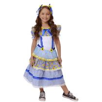Vestido Festa Junina Infantil Xadrez Azul com Girassois Luxo Vestido Festa Junina Infantil Xadrez Azul com Girassois Luxo