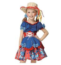 Vestido Festa Junina Menina Infantil Ciganinha com Poá Azul Vestido Festa Junina Menina Infantil Ciganinha com Poá Azul