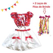 Vestido Festa Junina Moderno Miss Caipirinha Cropped Saia Luxo Quadrilha + 2 Laços de Fitas