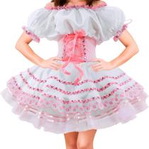 Vestido Festa Junina Noiva de Luxo Com Espartilho Ajustável Tiara Com Véu Branco e Flores