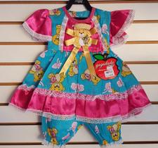 Vestido festa junina para bebê com bermuda azul com rosa infantil tamanho 03 gugudada