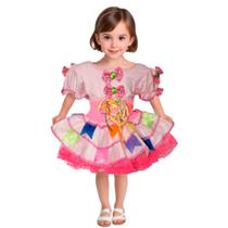 Vestido Festa Junina Rosa Bebê Luxo com Bolsa de 0 Meses a 2 Anos