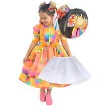 Vestido Festa Junina Xadrez Laranja Neon + Saia Tutu + 2 laços de Cabelo Vestido Festa Junina Xadrez Laranja Neon + Saia Tutu + 2 laços de Cabelo