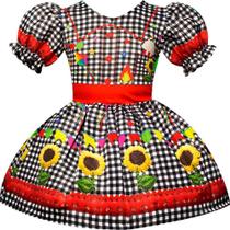 Vestido Festa Junina Xadrez Preto de Luxo Mangas Bufantes Roupa Caipira Menina Dança Quadrilha Escola