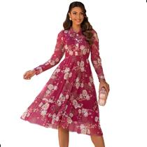 Vestido Festa Midi Godê Manga Longa Moda Evangelica Tule Estampado Festa Floral Vestido Festa Midi Godê Manga Longa Moda Evangelica Tule Estampado Festa Floral