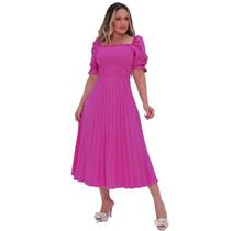 Vestido Festa Midi Plissado Laço Atras Manga Bufante