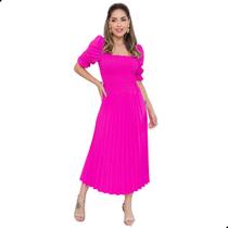 Vestido Festa Midi Plissado Laço Atras Manga Bufante