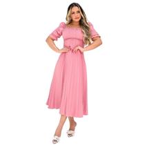 Vestido Festa Midi Plissado Laço Atras Manga Bufante