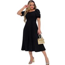 Vestido Festa Midi Plissado Laço Manga Bufante Elegante Vestido Festa Midi Plissado Laço Manga Bufante Elegante