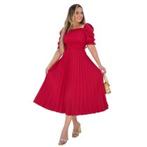 Vestido Festa Midi Plissado Laço Manga Bufante Elegante - G-Store