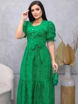 Vestido Festa Midi Soltinho Elegante Moda Evangélica Cor:Verde BandeiraTamanho:GG