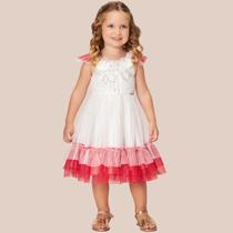 Vestido Festa Off-White/ Vermelho Sobrep. Tule C/ Aplicação Laço Pérolas e Brilho - Bambollina Vestido Festa Off-White/ Vermelho Sobrep. Tule C/ Aplicação Laço Pérolas e Brilho - Bambollina