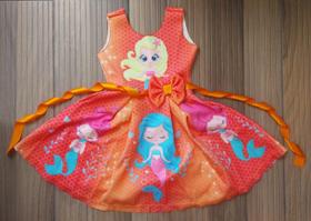 Vestido Festa Princesa Infantil Sereia Ariel Laranja Tecido Neoprene