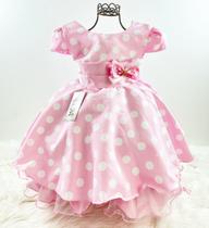 Vestido Festa Princesa Minnie Rosa Bolas Brancas Com Laço Vestido Festa Princesa Minnie Rosa Bolas Brancas Com Laço
