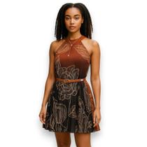 Vestido Festa Tamanho Único Estampa Floral Degradê Marrom Dourado Halter Cinto Tendência Vestido Festa Tamanho Único Estampa Floral Degradê Marrom Dourado Halter Cinto Tendência